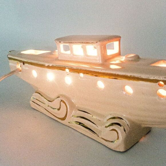 MCM Ceramic Sailboat TV Lamp Beige/Gold Detail 1950’s - Picture 7 of 12
